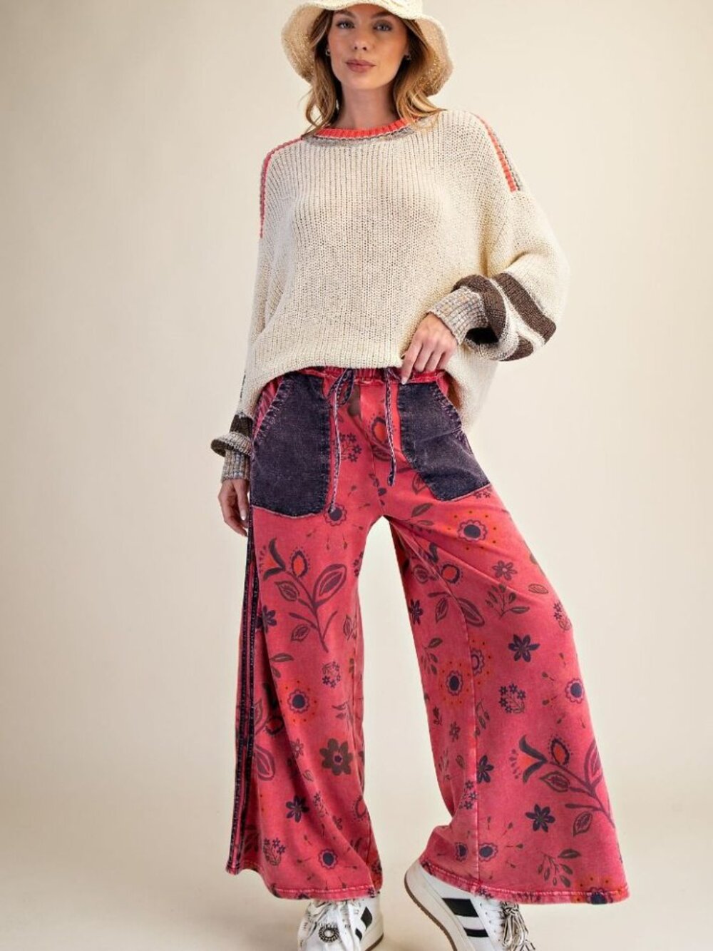 EASEL FLORAL PRINTED MINERAL WASHED PANTS 100% COTTON